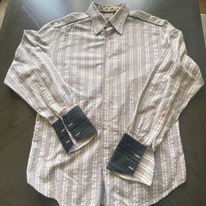 Robert Graham Men's Large Button Up Flip Cuff Dress Shirt Striped Gray/Blue